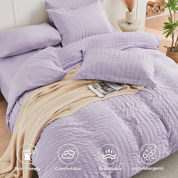 HYMOKEGE Lavender Duvet Cover Queen Size, Ultra Soft 3-Piece Seersucker Duvet Cover Set with Zipper Closure, Soft Brushed Microfiber Bedding Set with 8 Corner Ties (90"x90", 2 Pillowshams)
