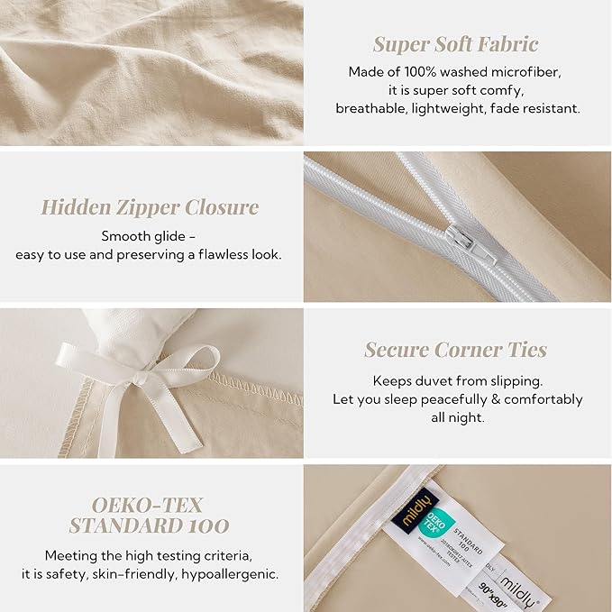 MILDLY Super Soft Duvet Cover - 100% Washed Microfiber Light Khaki Comforter Cover Set 3 Pieces with Zipper Closure & Corner Ties (No Comforter)