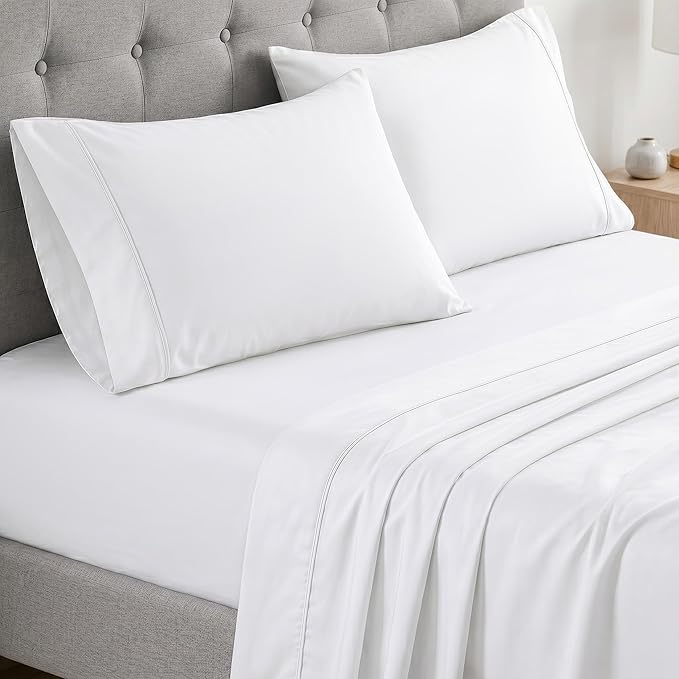 LANE LINEN King Size Sheets Set – 450 Thread Count Long-Staple 100% Cotton Sheets, Naturally Cool & Durable for Everyday Use, 15" Deep Pocket Fitted Sheet with All-Around Elastic for Snug Fit – White