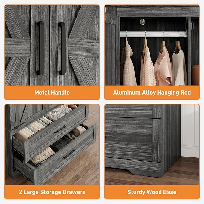 St.Mandyu Farmhouse Wardrobe Armoire Closet with 2 Doors and 2 Drawers, 70.1" Wooden Clothing Storage Cabinet, Freestanding Large Capacity Storage Wardrobe Armoire with Hanging Rod for Bedroom, Grey