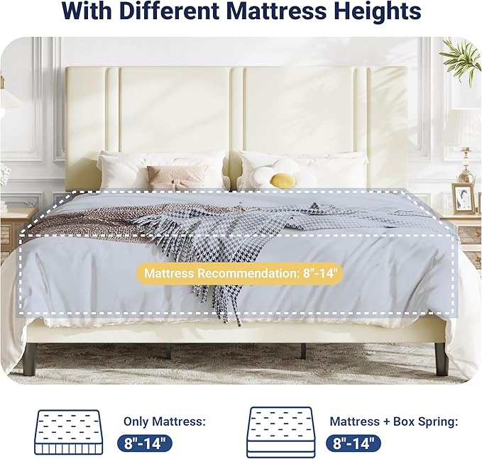 Allewie King Size Platform Bed Frame with Adjustable Headboard, Plush Velvet Upholstered, Vertical Channel Tufted, Sturdy Wooden Slats, No Box Spring Needed, Easy Assembly, Cream