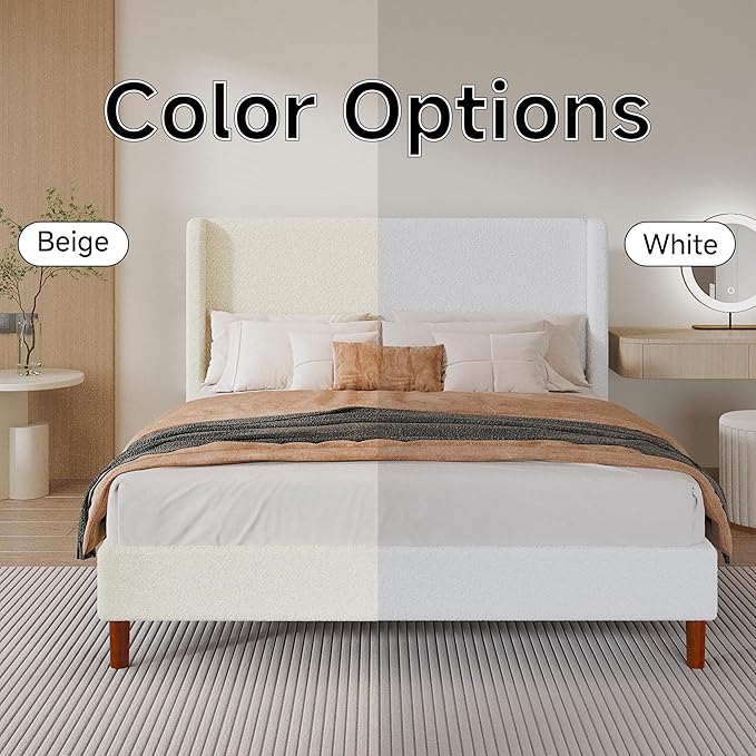 Full Boucle Bed Frame, Platform Bed with Upholstered Wingback Headboard, Strong Wooden Slats Support, Noise-Free, No Box Spring Needed, Easy Assembly, Beige