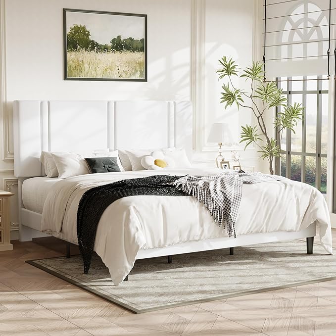 Allewie King Size Platform Bed Frame with Adjustable Headboard, Plush Velvet Upholstered, Vertical Channel Tufted, Sturdy Wooden Slats, No Box Spring Needed, Easy Assembly, White