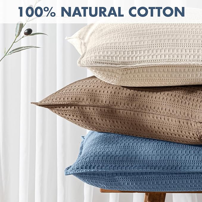 Set of 2 Decorative 100% Cotton Waffle Throw Pillow Covers 20x20, Neutral Coastal Euro Shams Weave European Cushion Cases for Couch Sofa Bed Modern Farmhouse Home Decor, Blue