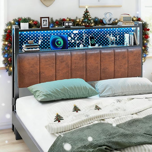 VINGLI Full Size Headboard for Bed with Storage, Upholstered Head Board with Charging Stations and LED Light, 2 Tier Shelves and Pegboard,Height Adjustable,Industrial Brown