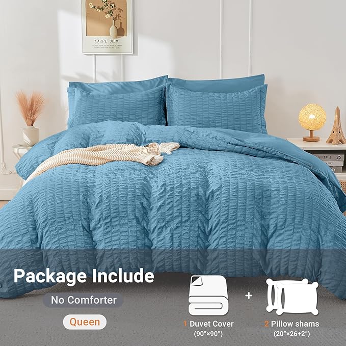 HYMOKEGE Mineral Blue Duvet Cover Queen Size, Ultra Soft 3-Piece Seersucker Duvet Cover Set with Zipper Closure, Soft Brushed Microfiber Bedding Set with 8 Corner Ties (90"x90", 2 Pillowshams)