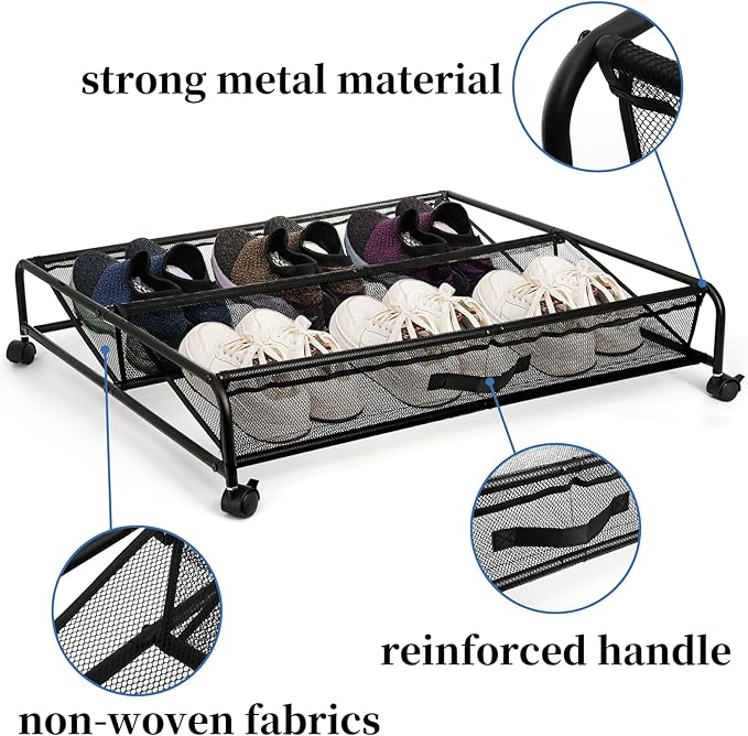 Goaste Under Bed Shoe Storage Organizer with Wheels, Rolling Underbed Storage Containers, Metal Shoe Rack Drawer Space Saving for Bedroom Organization, Shoes, Toys (Black)