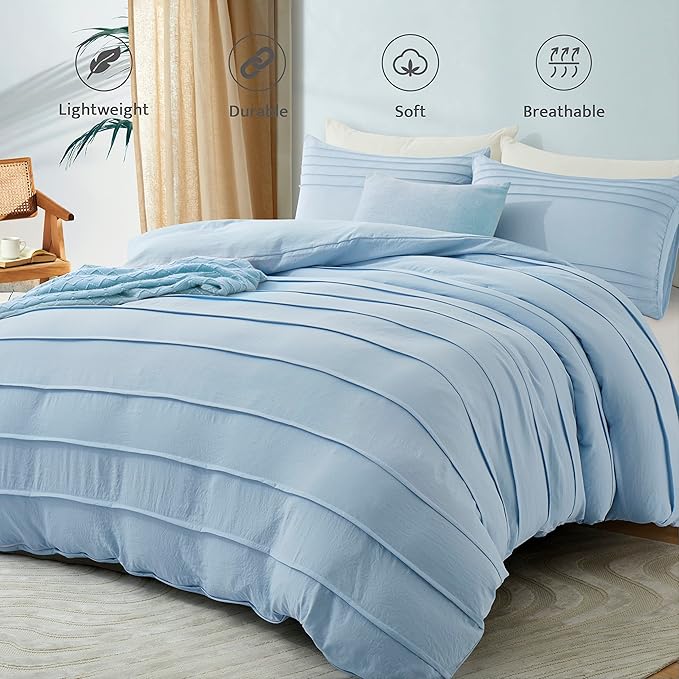 Oli Anderson Airy Blue Duvet Cover Queen Size - Pleated Queen Duvet Cover, 3PCS Soft and Breathable Textured Bedding Set with Zipper Closure(Airy Blue,90"x90")
