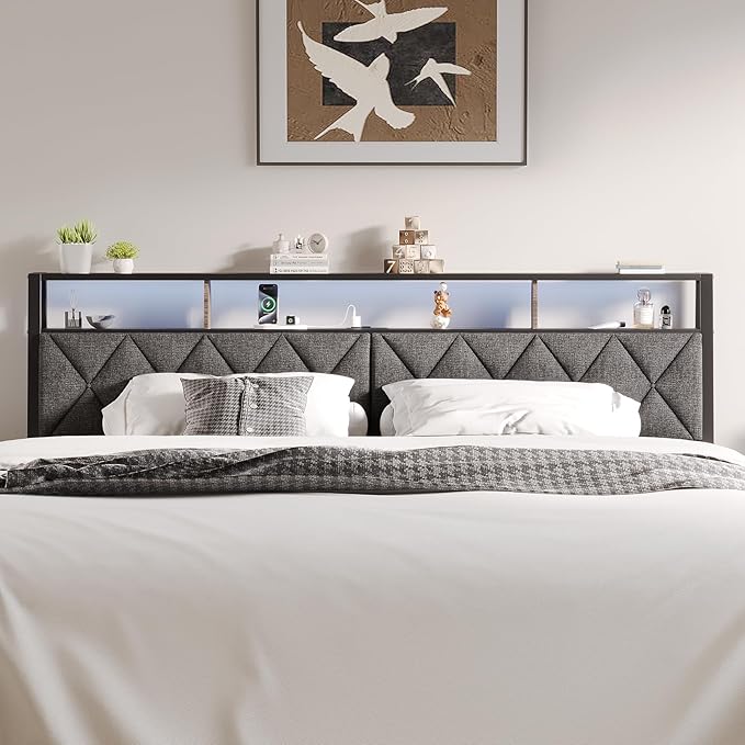 Full Headboard Only, Headboard for Full Size Bed with Storage, Upholstered Headboards with LED Lights & Charging Station, Attach Frame, Ideal for Bedroom/Dorm/Guest Room, Dark Grey & Brown