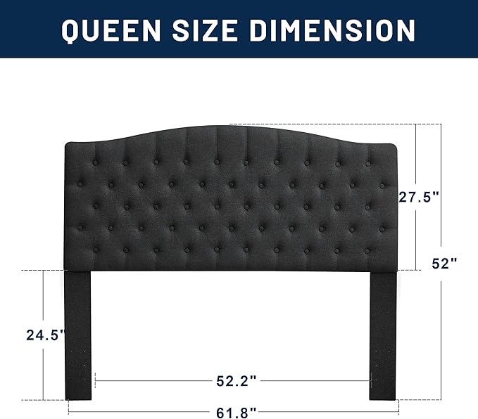 Tufted Upholstered Tall Headboard Queen Size, Sturdy and Durable Solid Wood Bed headboards, Comfortable Linen Fabric Queen Headboard Only, Modern Luxury Button Diamond Design Head Board, Black