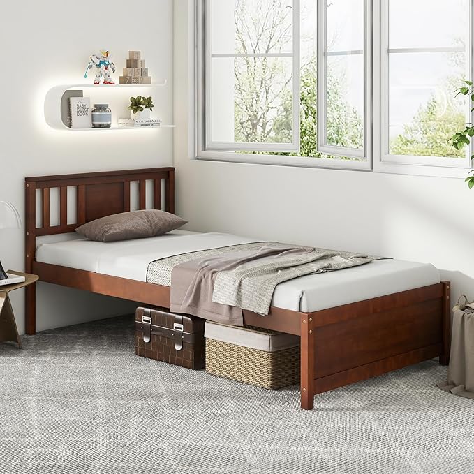 Giantex Twin Bed Frame With Headboard, Mid Century Solid Wood Platform Bed, Single Panel Bed With Slat Support, No Box Spring Needed, for Kids, Walnut