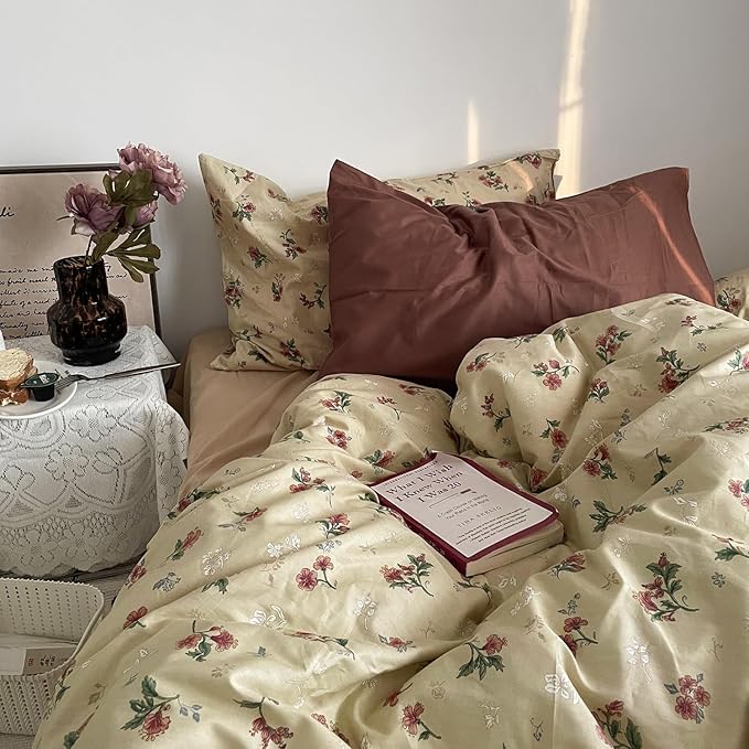 mixinni Vintage Floral Duvet Cover Queen Size - 3 Piece 100% Cotton Cottagecore Red Flowers & Green Leaves Bedding, Soft Botanical Comforter Cover & Pillowcases, Aesthetic Spring Bed Set for Girls