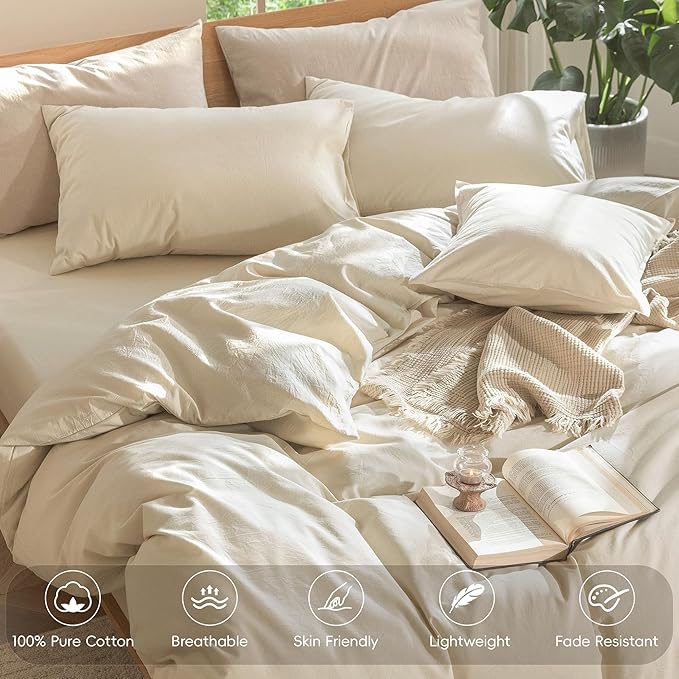 MooMee Bedding Duvet Cover Set 100% Washed Cotton Linen Like Textured Breathable Durable Soft Comfy (Heathered Almond Milk Grey, Super Queen 90"x98")