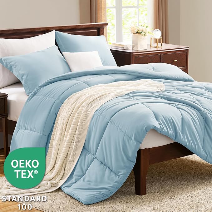 CozyLux Queen Comforter Set - 270GSM Light Blue Bedding Sets for All Seasons, 3 Pieces Box Stitched Bed Set with 1 Down Alternative Comforter and 2 Pillow Shams, Soft, Lightweight, Breathable