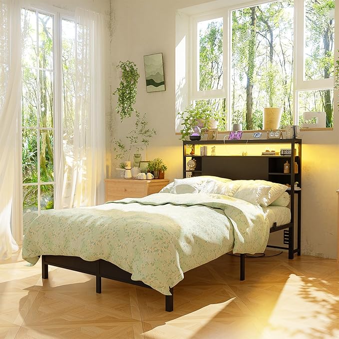 Unikito Twin Headboard with Storage, Headboards with Power Outlet and Smart LED Lights, Sturdy Head Board for Twin Size Bed, Stable Headboard Only for Bedroom, Dorm Room, Guest Room, Black