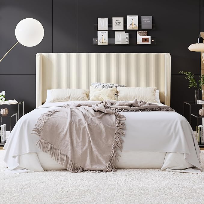 SHA CERLIN King Size Corduroy Upholstered Platform Bed Frame with Vertical Channel Tufted Wingback Headboard, 8" Under Bed Storage, Wooden Slats and Metal Frame Support, Easy Assembly, Cream
