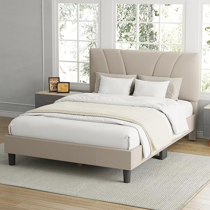 Avenco Full Bed Frame, Upholstered Platform Bed Frame with Adjustable Headboard, Wood Slat Support, Easy Assembly, No Box Spring Needed, Beige