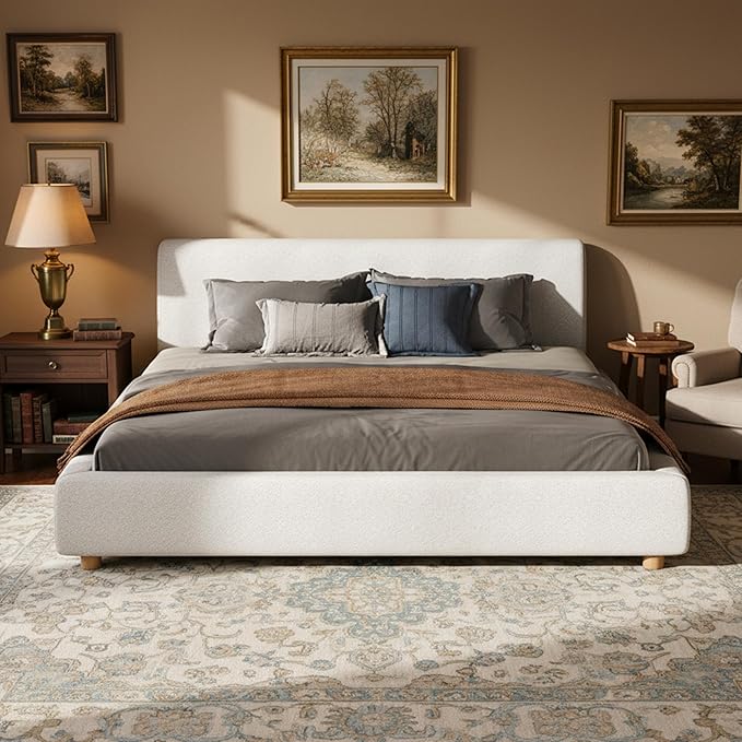 Merax King Size Boucle Upholstered Platform Bed Frame with Headboard,Modern Soft Fabric for Bedroom with Wood Slats Support for Bedroom