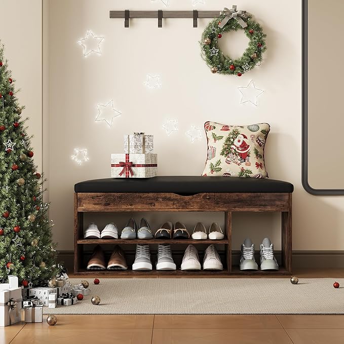 Apicizon 39 Inches Storage Bench with Padded Cushion, Shoe Bench with Storage Space, Upholstered Entryway Bench for Living Room, 2-Tier Shoe Rack Organizer, Brown