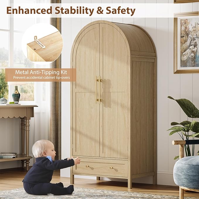 VINGLI Arched Wardrobe Closet Armoire with Doors and Drawer, 70" Tall Wooden Wardrobe Cabinet,Clothing Storage Cabinet, Large Capacity Storage, Natural Oak