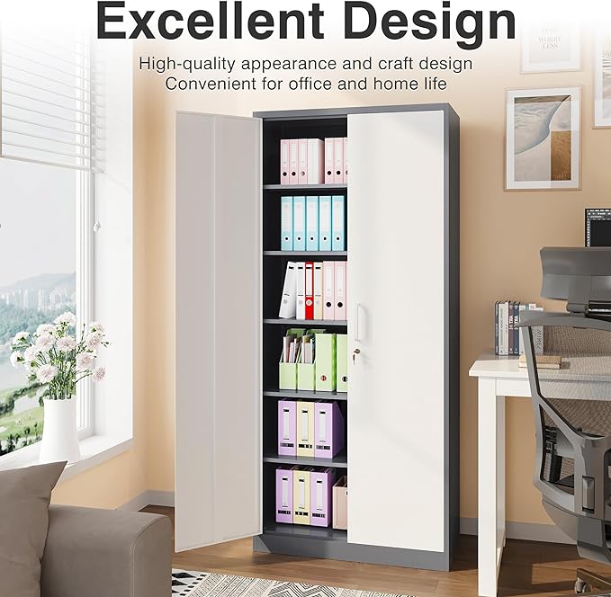 Wide & Deep Metal Storage Cabinet with 2 Doors and 5 Adjustable Shelves,72 inch Tall Locking Garage Storage Cabinet with Lock,Gray White Pantry Cabinets,Steel Cabinets for Home,Office,Garage 72x36x18