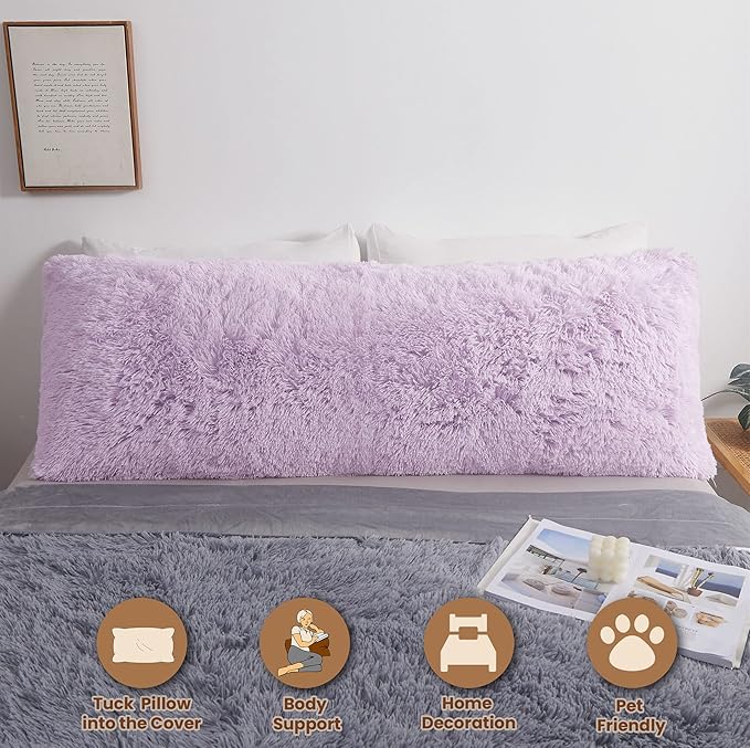 MEGO Fluffy Body Pillow Cover, 20x54 Shaggy Faux Fur Body Pillow Case, Comfy Plush Fuzzy Body Pillowcase, Furry Long Throw Bed Pillow Cover with Zipper for Women Side Sleeper Lavender Light Purple