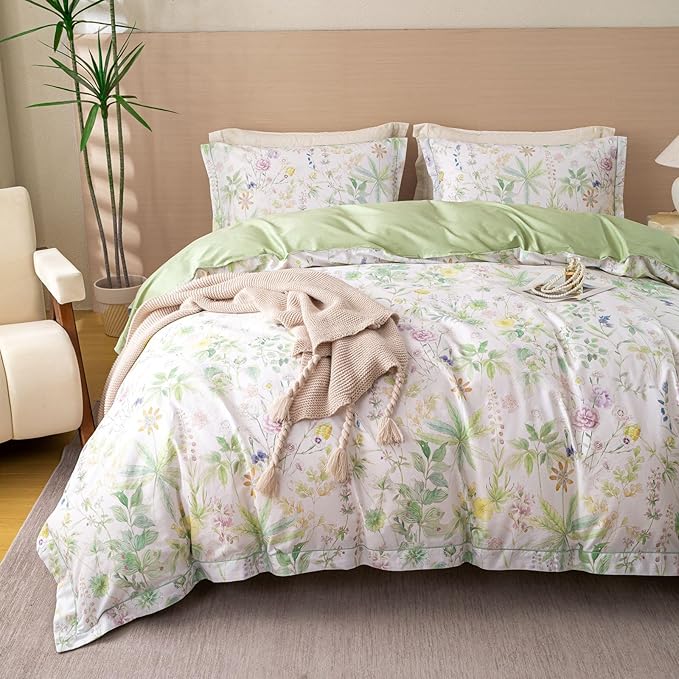 OAITE Duvet Cover Set Queen Size Floral Pattern Ultra Soft 100% Cotton Duvet Cover Sets 3-PC, Breathable Duvet Cover with Zipper Closure & Corner Ties(2 Pillow Shams,1 Duvet Cover)