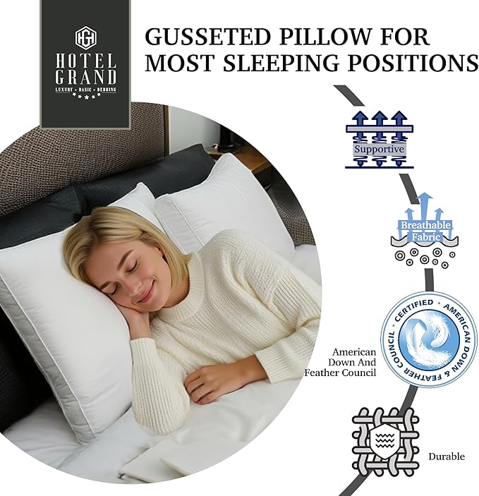 Hotel Grand Luxury Goose Feather & Down Fiber Pillows King Size Set of 2, Firm Support Gusseted Design, 100% Cotton Cover, No-Flat Fluffy Comfort for Side and Back Sleepers