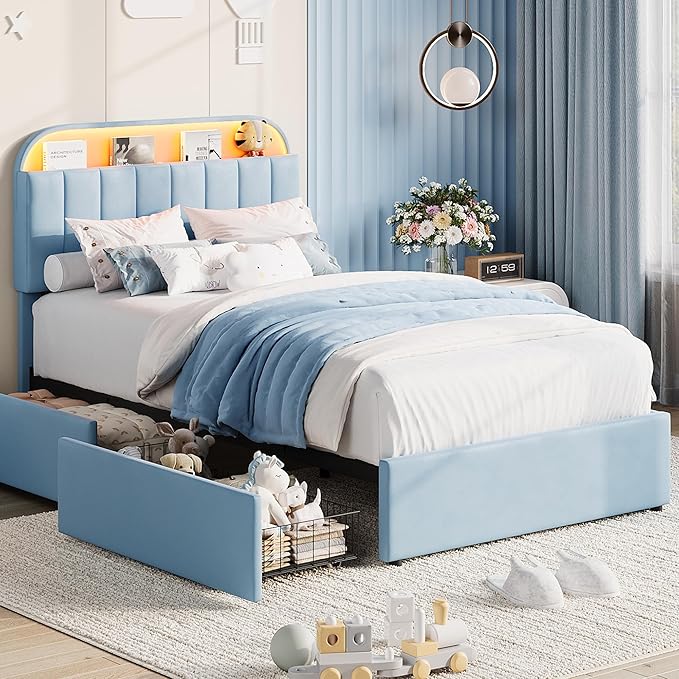 Garvee Twin Size Bed Frame with 2 Flexible Drawers, Velvet Upholstered Platform Bed Frame with Bookcase Headboard and LED Lights, Kids Bed for Boys, Easy Assembly, Noise Free, Blue