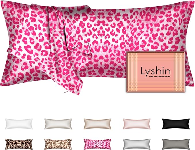 Silk Body Pillow Cover with Zipper, Mulberry Silk Pillow Cases Body Size, Ultra Smooth and Soft Breathable Cooling Silk Satin Body Pillowcase for Hair and Skin, Leopard Pink (20x54 Inches, 1 Pack)