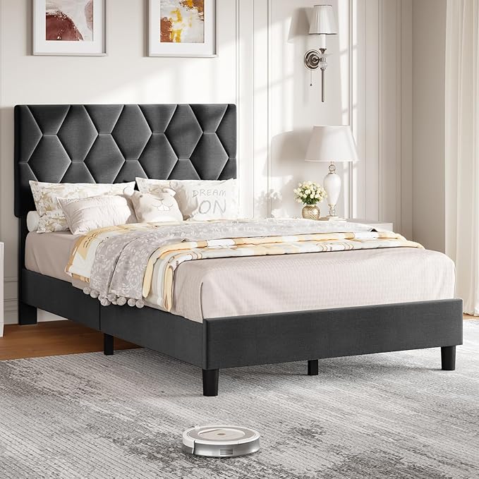 GarveeHome Grey Twin Bed Frame with Upholstered Headboard, Upholstered Bed Frame, Heavy-Duty Platform Bed Frame with Adjustable Headboard, Strong Wood Slat Support/No Box Spring Needed/Noise Free