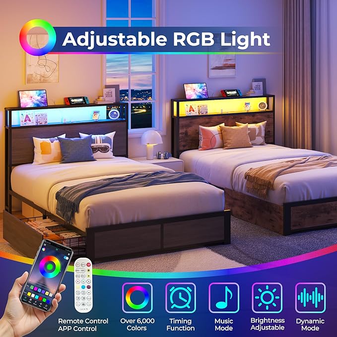 PHGLL Twin Bed Frame with 2-Tier Storage Headboard, Twin Size Metal Bed Frame with 2 Storage Drawers, 3-in-1 Charging Station & RGB LED, Noise-Free/Metal Support/No Box Spring Needed, Rustic Grey