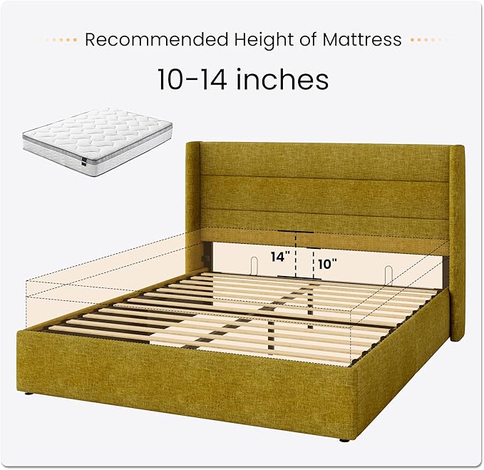 SHA CERLIN Queen Size Lift Up Storage Bed/Modern Wingback Headboard/Upholstered Platform Bed Frame/Hydraulic Storage/No Box Spring Needed/Wood Slats Support/Olive Yellow