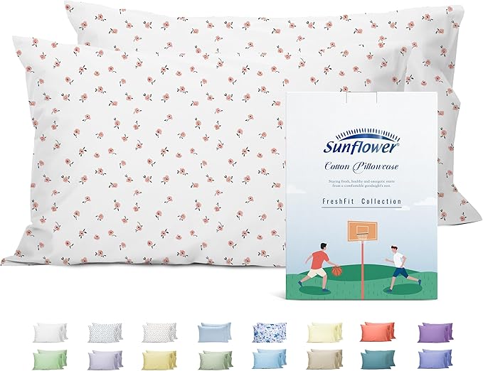 sunflower Queen Pillowcases Set of 2, 100% Cotton Queen Size Pillow Cases 2, 20×30 inches Pink Posy, Soft and Breathable