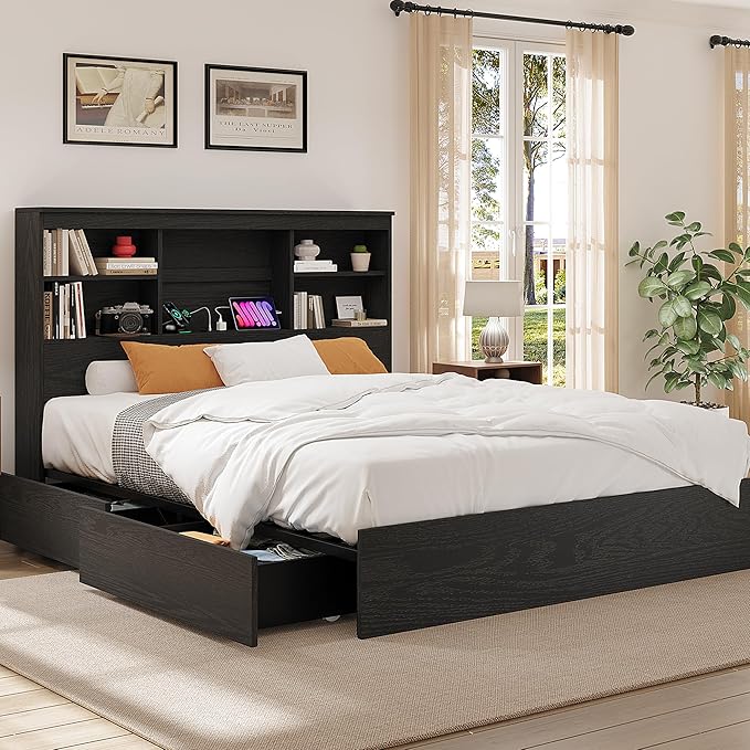 GarveeHome Full Size Bed Frame with High Storage Bookcase Headboard, Wood Bed Frame with 4 Storage Drawers, Built in Charging Station, No Box Spring Needed, Metal Frame, Noise-Free, Vintage Black