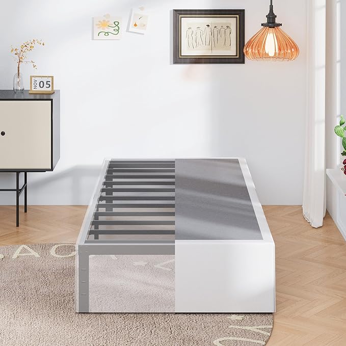 Upcanso 16 Inch Twin Bed Frames with White Skirt Cover, Metal Twin Size Bed Frame with Storage, Heavy Duty, No Box Spring Needed, Easy Assembly, Noise Free, Mattress Foundation