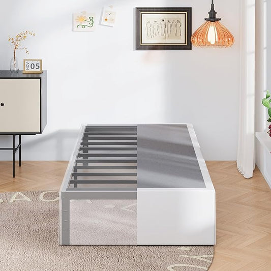 Upcanso 16 Inch Twin Bed Frames with White Skirt Cover, Metal Twin Size Bed Frame with Storage, Heavy Duty, No Box Spring Needed, Easy Assembly, Noise Free, Mattress Foundation