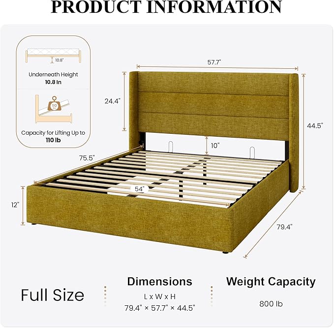 SHA CERLIN Full Size Lift Up Storage Bed/Modern Wingback Headboard/Upholstered Platform Bed Frame/Hydraulic Storage/No Box Spring Needed/Wood Slats Support/Olive Yellow