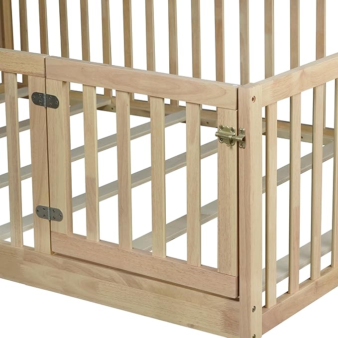 Bellemave Full Size Montessori Floor Bed with 21.5" High Rails, Rubber Wood Full Floor Bed with Slats and Door, Natural