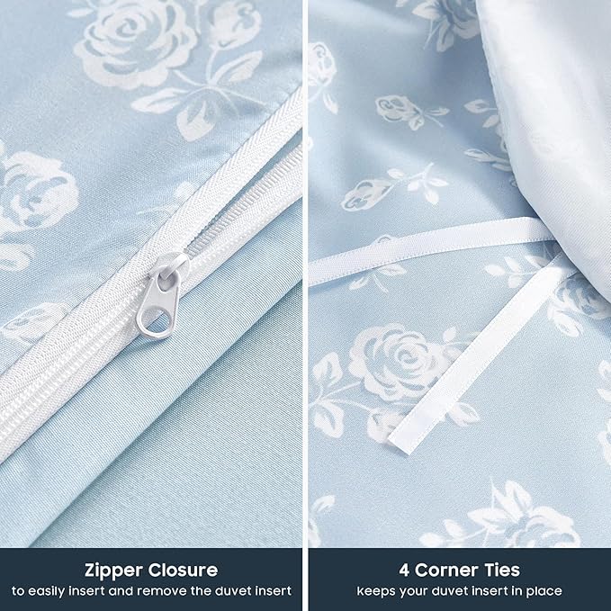 Wake In Cloud - Coquette Duvet Cover Set, Floral Cottagecore Flower Shabby Chic Cute Aesthetic, Soft Lightweight Bedding for Women Teen Girls, 3-Piece, Light Blue, Queen Size