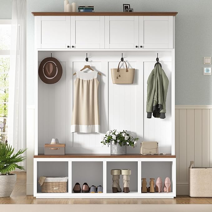 Merax Farmhouse Wood 59''W Hall Tree with 4 Hooks and Entryway Shoe Bench, 4-in-1 Coat Racks with 4 Open Compartments and Cabinets, for Entrance, Hallway, Mudroom, White