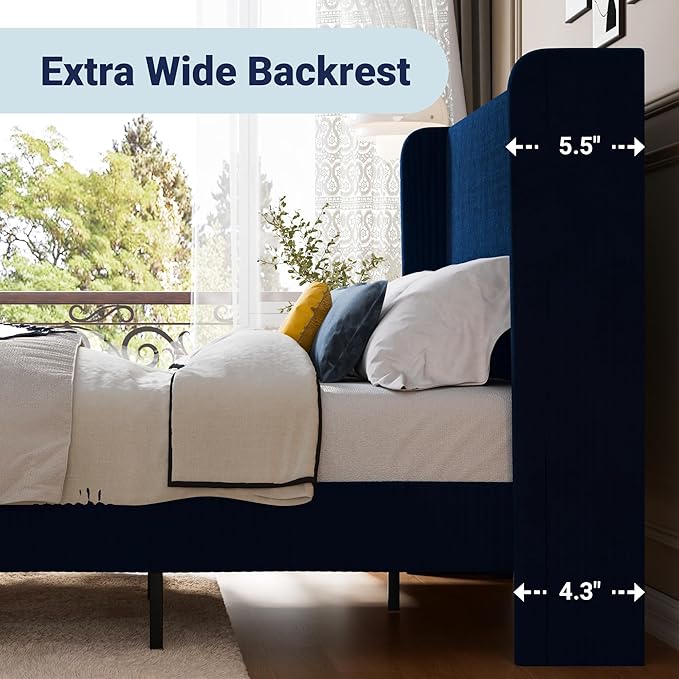 Allewie King Size Bed Frame with Upholstered Wingback Headboard, Vertical Channel Tufted Corduroy Velvet Platform Bed, Strong Wooden Slats Support, No Box Spring Needed, Easy Assembly, Dark Blue