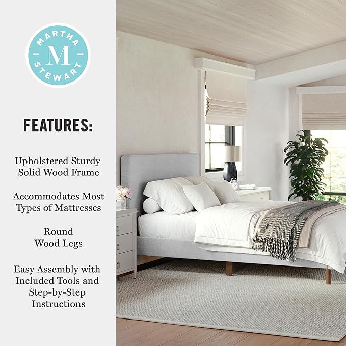 Martha Stewart Britta Platform Bed with Headboard & Footboard, Faux Linen Upholstery with Piping Detail, Rounded Headboard, No Box Spring Needed, Full, Gray