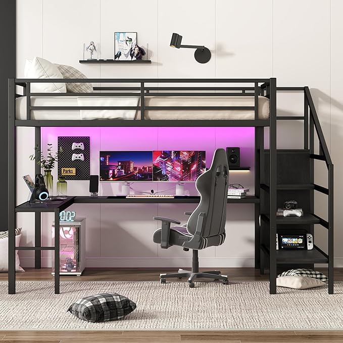 Queen Size Loft Bed with Desk and Wardrobe, Metal Heavy Duty Loft Bed with Storage Stairs, LED Lights, USB Port, LoftBed Frames for Kids, Junior, Space Saving, Noise Free (Black, Queen)