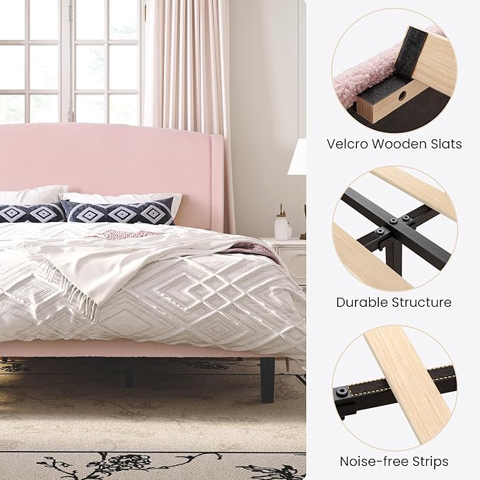SHA CERLIN King Size Bed Frame with Soft Teddy Fabric, Boucle Upholstered Platform Bed, Curved Headboard Design, Wooden Slats Support, Noise-Free, No Box Spring Needed, Easy Assembly, Pink