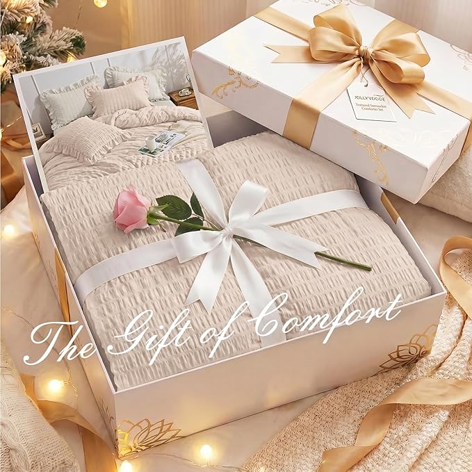 JOLLYVOGUE Beige Comforter Full Size, 3 Pieces Seersucker Lightweight Full Size Bedding, All Season Fluffy Microfiber Bedding Comforter Set with 1 Ruffle Comforter and 2 Ruffle Pillowshams