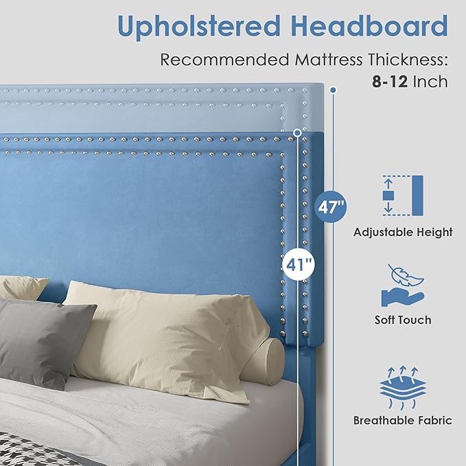 VECELO Twin Size Platform Bed Frame with Height Adjustable Upholstered Headboard, Modern Mattress Foundation,Strong Wood Slat Support, No Box Spring Needed, Easy Assembly, Light Blue