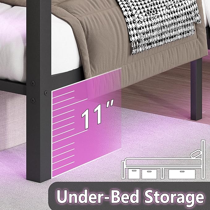 CLIBFENG Full Size Bed Frame with Headboard and Footboard,Steel Slats Support-LED Bed Frame with Charging Station,Mattress Foundation-Under Bed Storage, No Box Spring Needed,Noise Free,Black