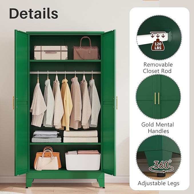 winiowa Metal Armoire Wardrobe Closet with 2 Mirror Doors, 71" Wardrobe Cabinet with Adjustable Shelves and Hanging Rod, Clothing Storage Cabinet Closet with Mirror for Bedroom-Green