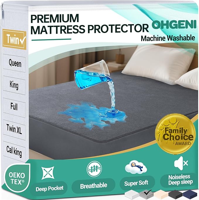 OhGeni 100% Waterproof Mattress Protector, Twin Grey Size, 6''-14'',Fitted Sheet with Deep Pockets, Premium Noiseless Breathable Soft Hypoallergenic Material, Mattresses Cover for Bed